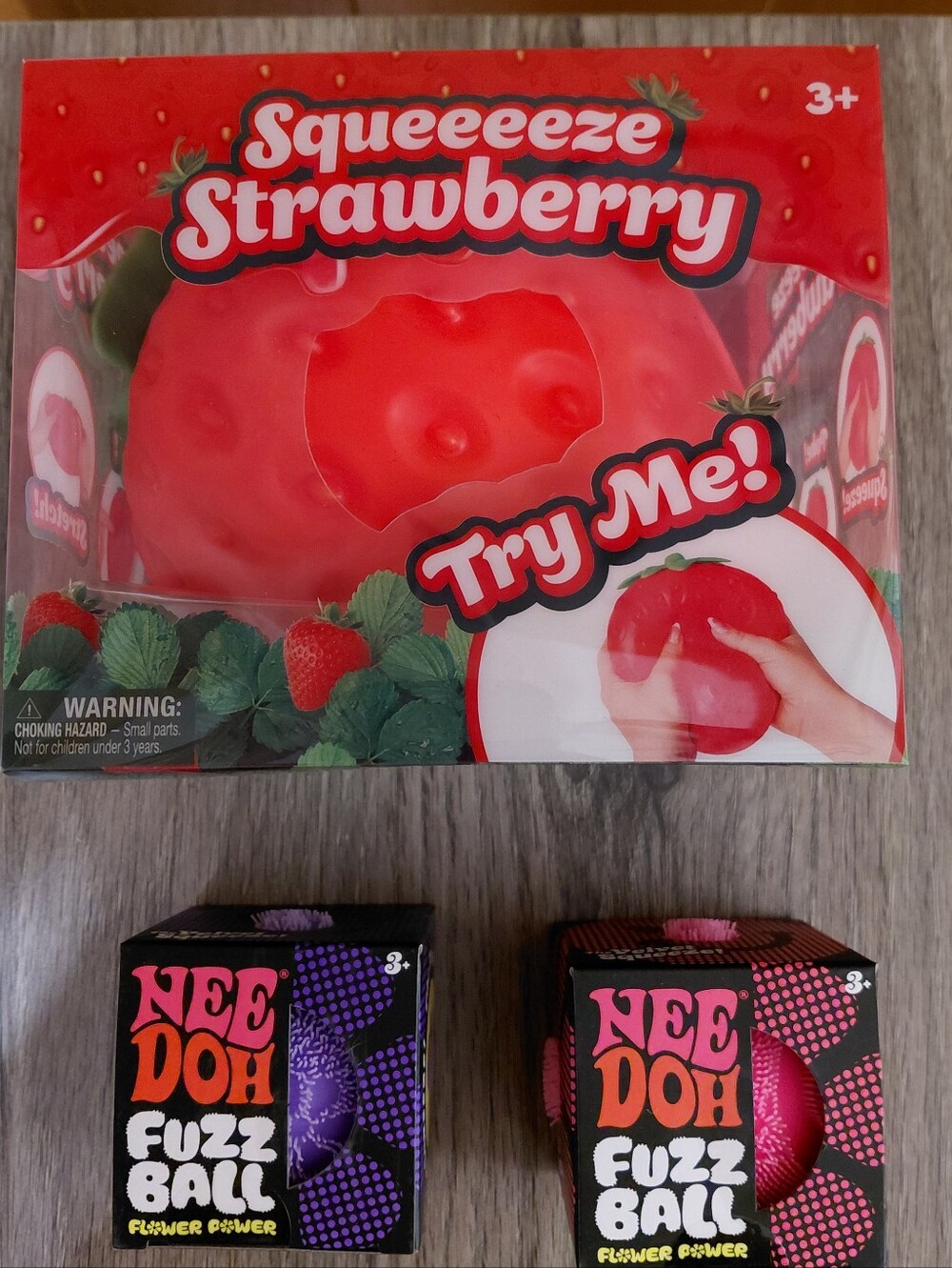 Needoh Squishy Lot Huge Strawberry Squish, 2 Fuzz Balls Fidget Stress